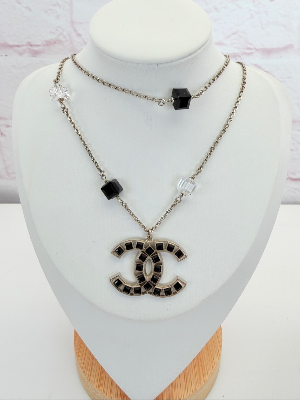 Chanel Layered Long Necklace in Silver-Tone Metal and Crystal Beads